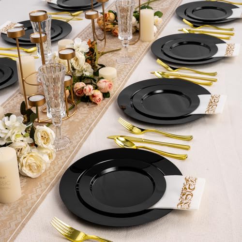 Image of Goodluck 200PCS Black Plastic Plates, Heavy Duty Disposable Black Plates
