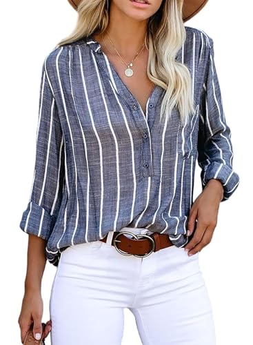 Cindeyar Bluse Damen Langarm Streifen Oberteile Casual Langarmshirt Tops Lose Baumwolle Tunika Hemd