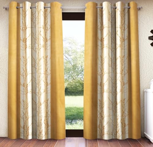 Home Sizzler 2 Pieces Branch Bliss Grommet Eyelet Polyester Window Curtains - 5 Feet, Gold