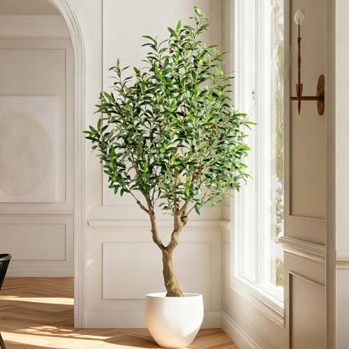 6FT Faux Olive Tree with Tall Exquisite Planter Artificial Olive Tree Tall, Potted Fake Olive Plant with 1260 Real Touch Leaves, Indoor Outdoor Home Garden Office Decor