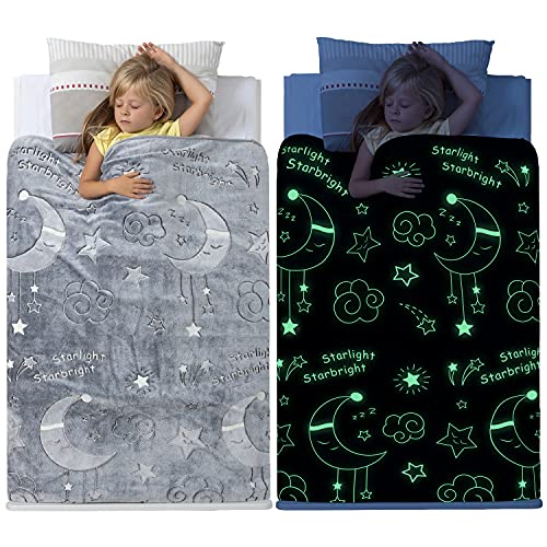 Glow In The Dark Moon And Star Blanket For Kids – Soft Plush Grey Fleece Throw Blanket. Great Gifts For Kids, Grandkids, Baby, Toddler, Birthday, Christmas, Boys, Girls! 8+ Hour Glow. (50”X60”) #TOP8