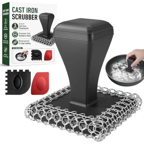 Image of TOPULORS Long Handled Chainmail Cast Iron Scrubber & 2 Scrapers, Dark Black