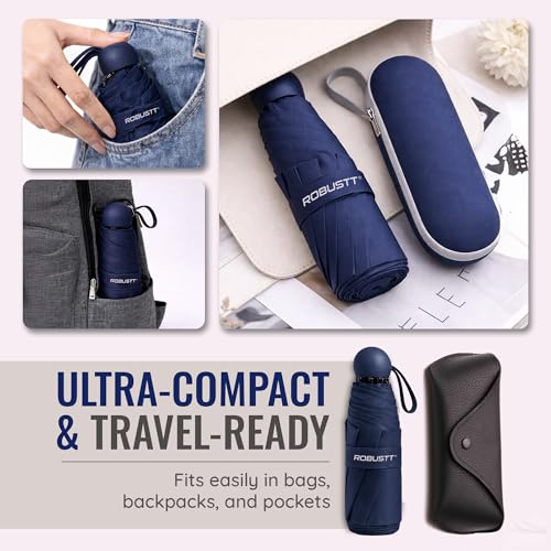 Image of Robustt Capsule Mini Foldable Travel Umbrella | Dark Blue | UPF 50+ UV & Rain Protection | 3 Fold Compact | for Women, Men & Kids | Windproof, Waterproof, Pocket-Size with Storage Case