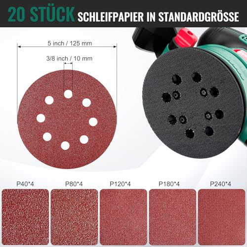 HYCHIKA 450W Ponceuse Orbitale, Six Vitesses de 6000 à 12000 OPM, Système de Dépoussiérage Efficace, Papier de Verre à 8 trous 20PCS, idéal pour le Ponçage des Produits en Bois et plus encore – Image 5