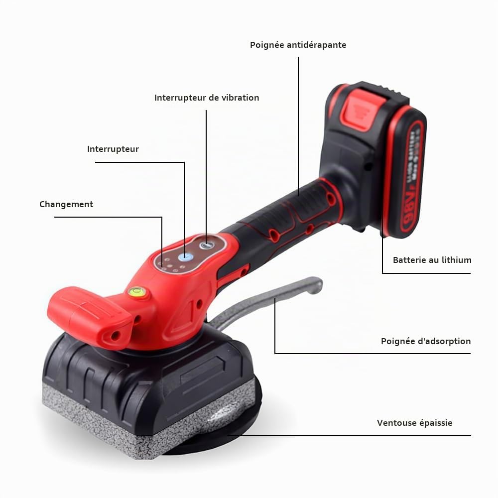 Machine à Carreler Électrique, 21V Vibrateur de Carrelage avec 5 Vitesses Réglables, Ventouse 125mm Capacité 200kg et 12000RPM, 2 Batteries Incluses pour Pose de Carrelage et Dallage Professionnel