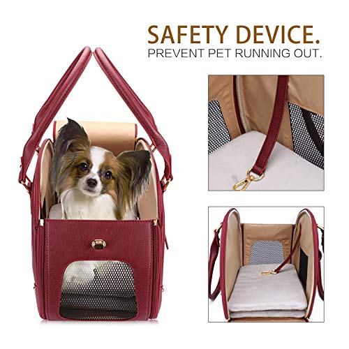 PetsHome Dog Carrier Purse, Pet Carrier, Cat Carrier, Foldable Waterproof Premium Leather Pet Travel Portable Bag Carrier for Cat and Small Dog Home& Outdoor Wine Red