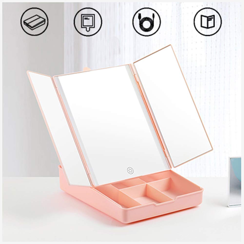 ATRNA Espejo Maquillaje con Luz, 240 ° de Rotación Aumento 7X Plegable Luminoso Recargable para Almacenaje Casa y Viaje Pink