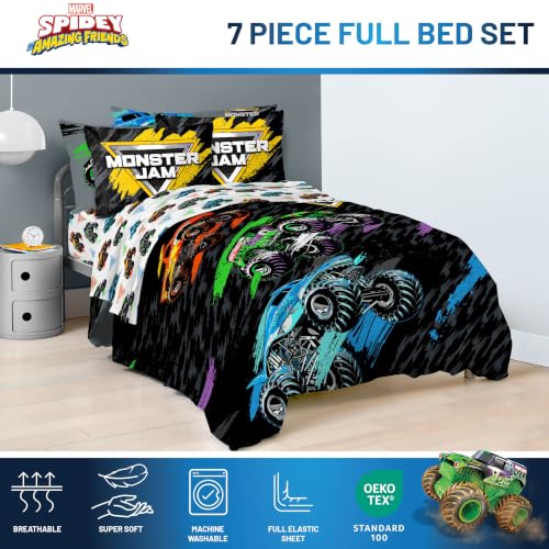 Image of Monster Jam Trucks Full Size Comforter Set 7 Piece Kids Bedding, Black | Grave Digger Megalodon, Comforter Sheets Shams Pillowcases, Official Product, Soft Microfiber, Machine Washable, Boys Gift