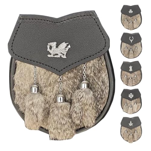 AAR Mens Semi Dress Formal Sporran Brown Rabbit Fur 3 Tassels Free Leather Belt Chain