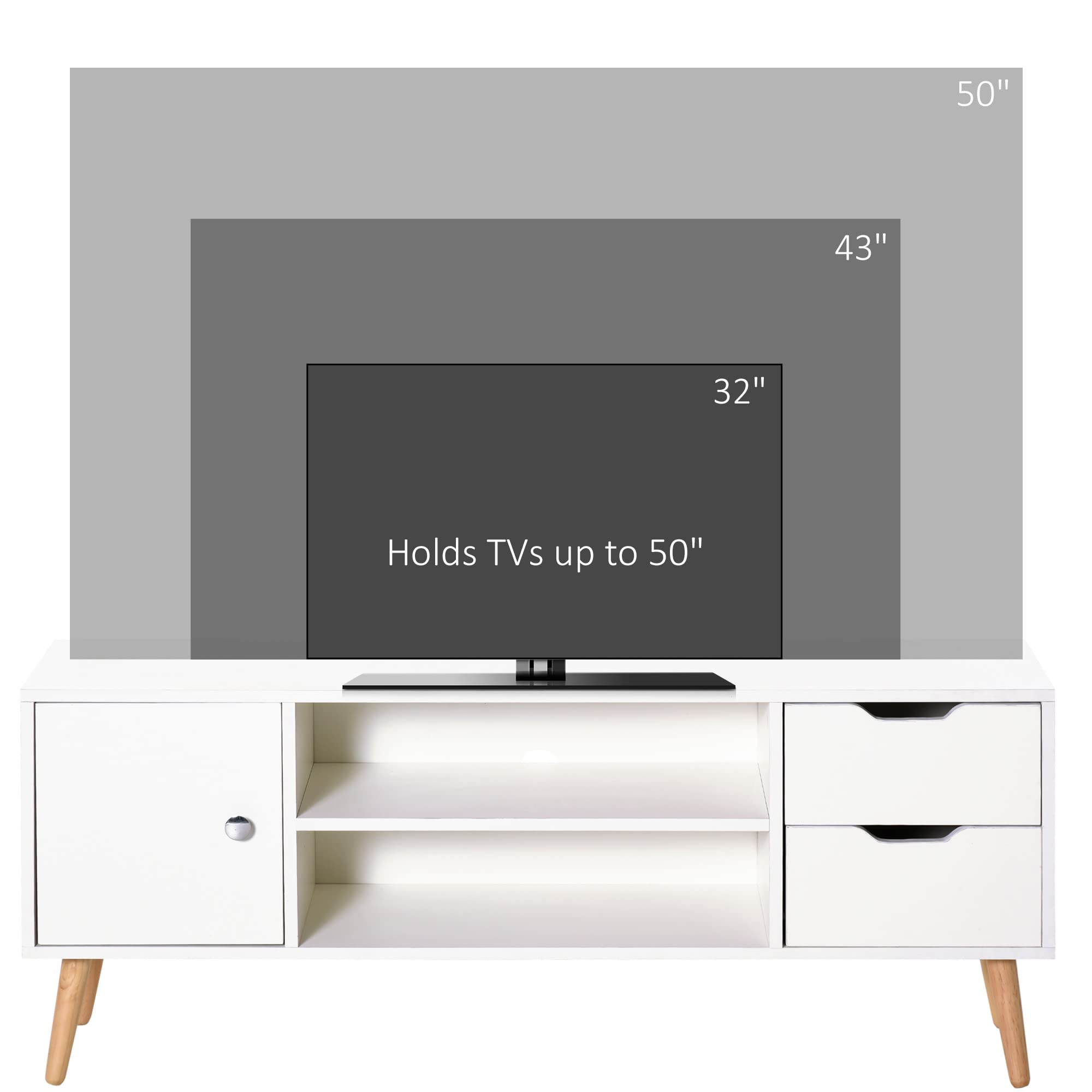 HOMCOM Mueble de TV para Televisiones de 50" Mesa de Salón Moderno con Puerta 2 Estantes Abiertos y 2 Cajones Carga 30 kg para Dormitorio Sala 120x28x44 cm Blanco