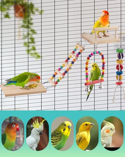 Image of DBNESS 5in1 Bird Parakeet Toys, Detachable Birdie Perches Platform Swing with Climbing Ladder, Parrot Cage Stand Accessories, Wooden Playing Gyms for Conure Cockatiel Lovebird Finch Budgerigar Pigeon