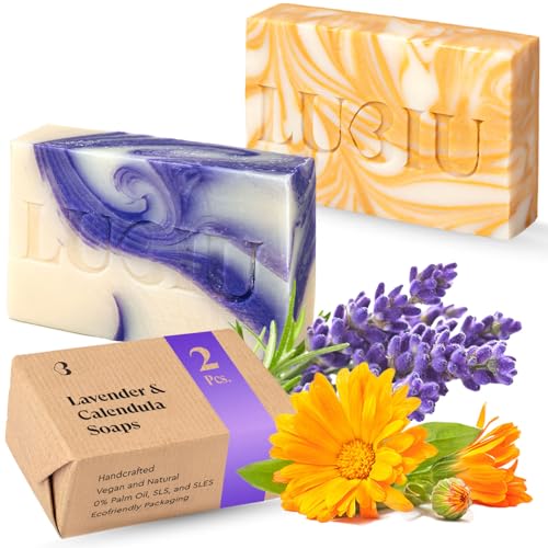 lubiu Set de 2 Jabones Artesanales (2x100g) - Pastillas de Jabon Lavanda Natural & Jabon Calendula - Jabón Natural Cuerpo Manos y Jabón Facial todo Tipo Piel - También Jabones Naturales para Regalar