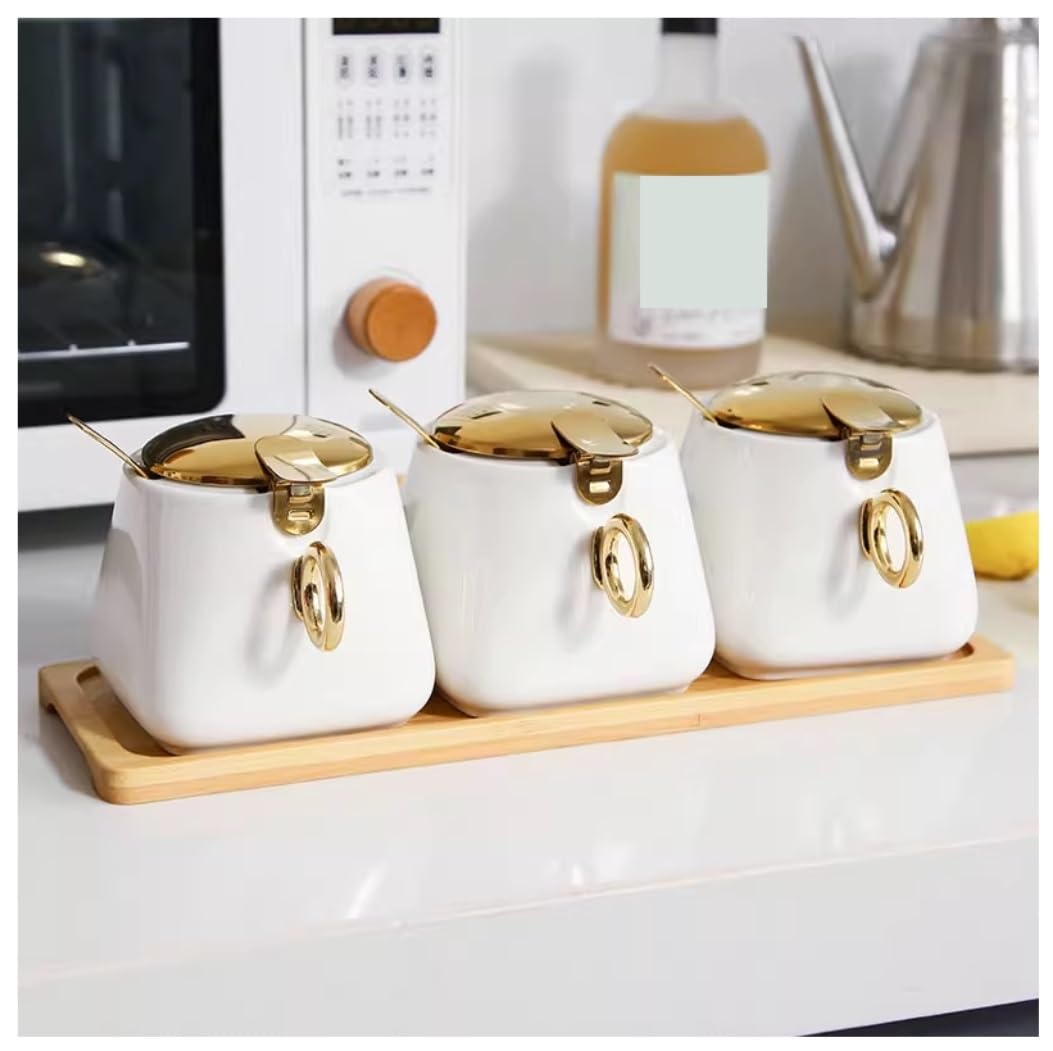 AZHKJKZH Seasoning Box Set Ceramic Seasoning Pot Kitchen Container Set Spice Jar Salt Sugar Jar(C,3Pieces)