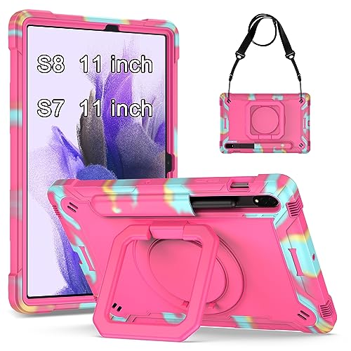 KATUMO Shockproof Case for Samsung Galaxy Tab S8/S7 11 inch Case shock proof and break proof Protective Cover (360°Rotatable Stand & Detachable Adjustable Shoulder Strap & Pencil Holder)