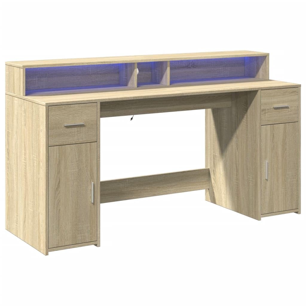 Homgoday Biurko z diodami LED Sonoma 160 x 55 x 91 cm, wielowarstwowe, meble biurkowe, biurko, biurko komputerowe, biurko zajmujące mało miejsca, stół biurkowy, biurko do gier do pokoju dziecięcego