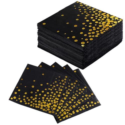 mypartyco 3 Ply Stylish Paper Napkins 80 Pcs Black and Gold Napkins 5 Inch Cocktail Napkin with Gold Polka Party Napkin Disposable for Men Birthday Graduation Retirement Wedding