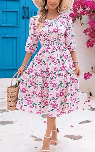 Image of Kormei Women Summer Casual Boho Floral Round Neck 3 /4 Sleeve Smocked Waist Tiered Flowy Swing Midi Dress XL White /Purple