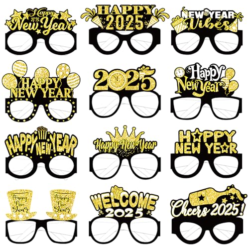 Runloon 12pcs New Year Glasses - Black & Gold 2025 NYE Party Supplies, Happy New Year Photo Booth Props