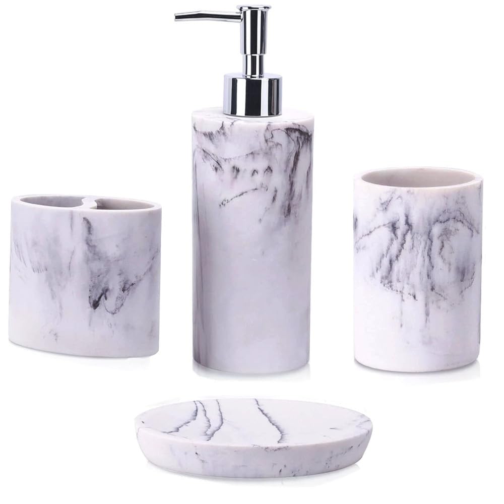 TRIXES Marble Effect Bathroom Accessory Set, 3 Pieces, Toothbrush Holder, Soap Dish and Storage Container