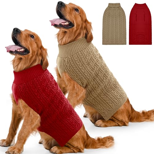 Lorehelina 2 Pack Dog Sweaters for Large Dogs Winter Turtleneck Pullover Cable Knit Fleece Stretch Pitbull Labrador Golden Retriever Doberman Bulldog Boy Girl Pet Clothes (XXL, Red & Brown)
