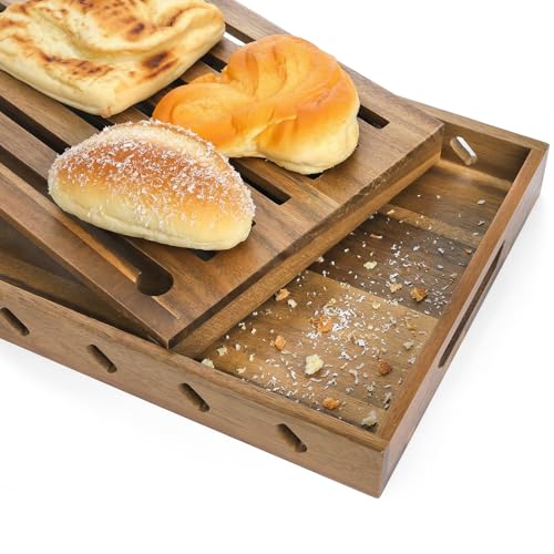 Image of Goaste Wood Bread Cutting Board with Crumb Catcher, 15 Inch Bread Slicer Board with Crumb Holder Tray, Premium Natural Chopping Board for Bagels Sourdough Homemade Loaves, Double as Bread Serving Tray