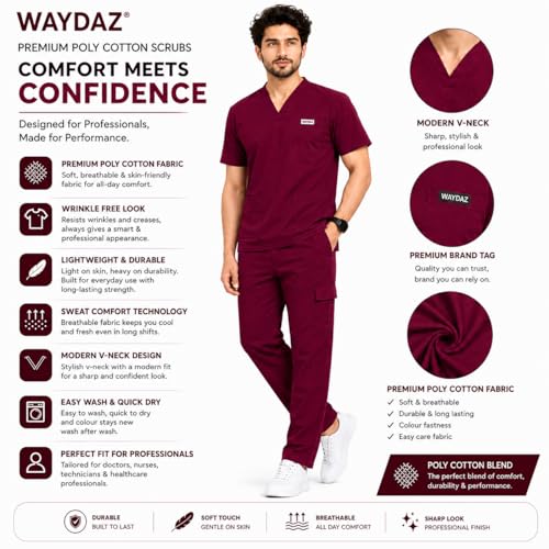 Image of Unisex Medical Scrub Suit Set, V-Neck Top with Pants, Short Sleeve, Polyester Cotton Blend, 7 Pockets, Regular Fit, Hospital Doctor Nurse Uniform