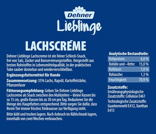Dehner Lieblinge Hundesnack, Leckerli Creme zuckerfrei, Lebensmittelqualität, Lachs, in Tube, 6 x 75 g (450 g)