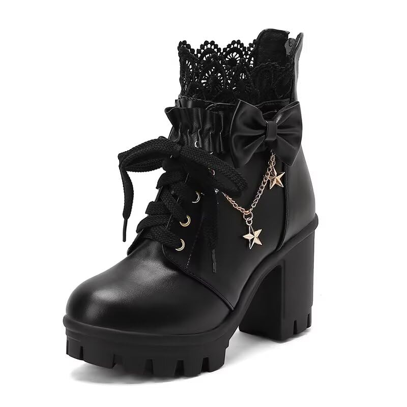 Women Lace Lolita Kawaii Shoes Cosplay Chunky Heel Lace Up Platform Buckle Ankle Boots Punk Goth Biker Short