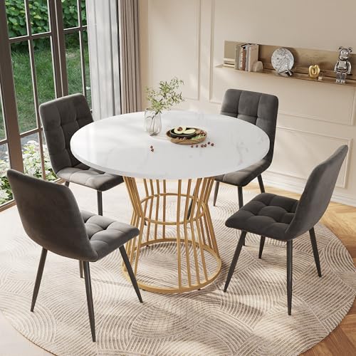 Merax Elegant Round Dining Table and Chairs Set 4, Exquisite Marble Veneer Top with Gold Metal Frame, 100 cm Diameter Round Table with White MDF Table Top, 4 Grey Velvet Dining Chairs