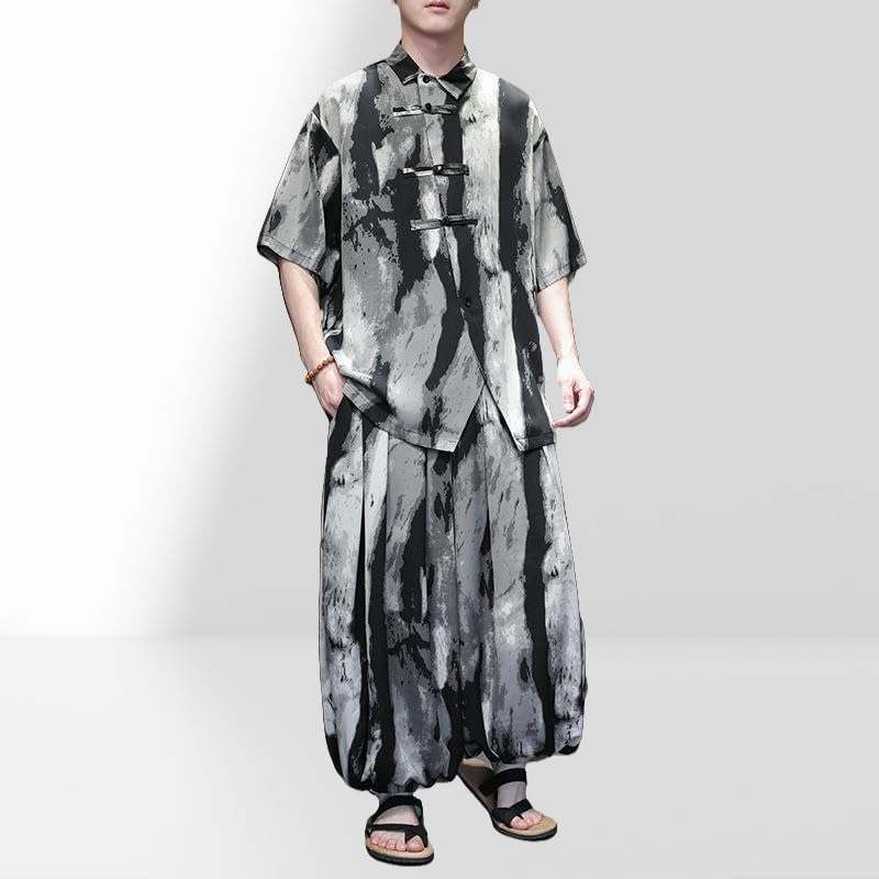 Chemise homme soie glacée rayée ensemble fluide anti-chaleur jambes larges - 3