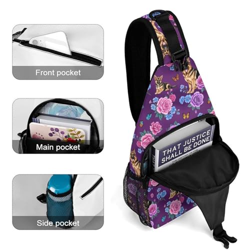 Fashion Traveling Running Casual Chest Bag, Dress Decor Sling Backpack, Shoulder Bag Casual Day Pack Rose Flowers German Shepherd Purple4