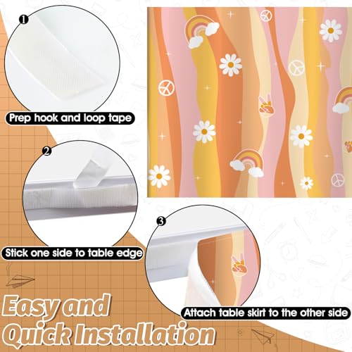 Image of 9FT Groovy Daisy Table Skirt Retro 70s Hippie Teacher Desk Skirt Boho Classroom Table Cover for Back to School Decor Rectangle Tablecloth Birthday Party Decorations for Home Office Bookcase Cabinet