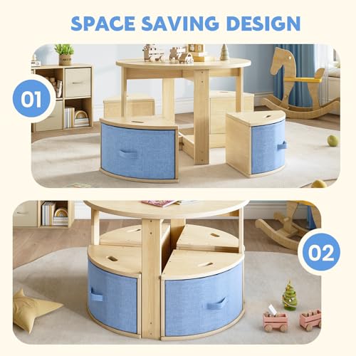 Image of EXPERLAM Toddler Table and Chair Set, Round Kids Table and Chairs with Nesting Design, Wooden Activity Table & 4 Storage Drawers Chairs for Daycare Nursery Playroom