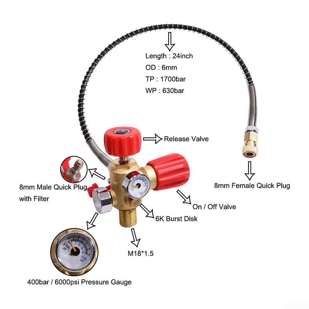 Tubo di riempimento per cilindro ad alta pressione, manometro a doppia scala, 400 bar, 6000 PSI, tubo flessibile da 61 cm, nucleo valvola in ottone, per ricarica e salvataggio di serbatoi SCUBA (rosso