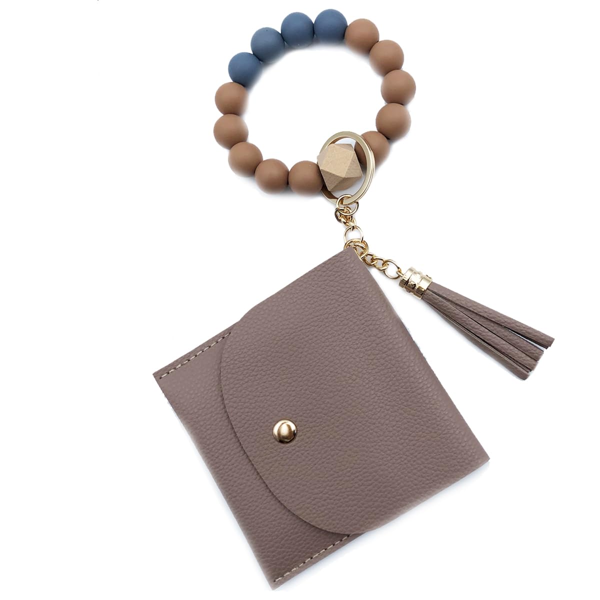Unpafcxddyig Wristlet Bracelet Keychain with Wallet Card Holder Pocket Tassel Key Ring for Women,light brown