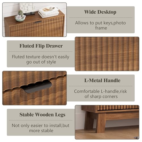 Image of Shoe Cabinet Storage for Entryway with 3 Flip Drawers, Fluted Narrow Shoe Organizer with Wooden Legs, Freestanding Slim Shoe Storage Hidden Shoe Rack Organizer for Front Door Entrance, Hallway, Walnut