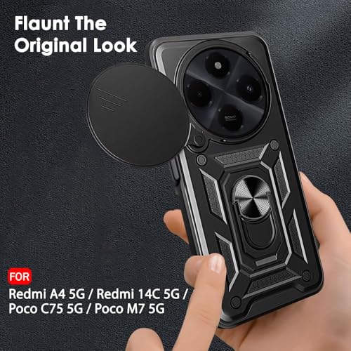 Image of Luxe Back Cover for Poco M7 5G / Redmi 14C 5G / Redmi A4 5G / Poco C75 5G | D10 Tough Armor Case | Sliding Camera Shield | 360 Protection | Kickstand Ring Holder | Military-Grade Shockproof