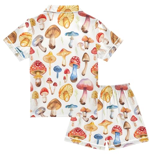 ALAZA Red Blue Yellow Mushroom Satin Pajamas Set Short Sleeve Button Down Sleepwear Summer Pjs 2 Piece2