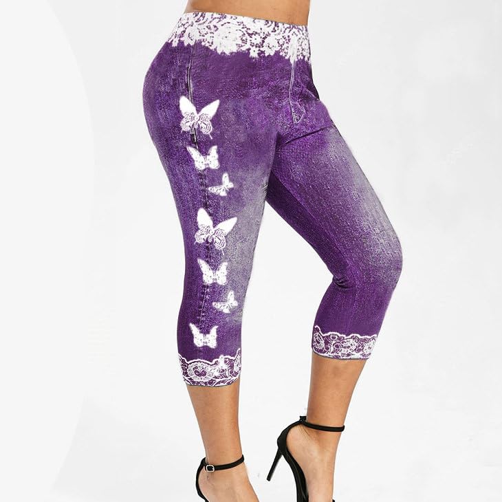 HGps8w Women Plus Size Jeans Jeggings Butterfly Lace Panel Bermuda Yoga Leggings High Waisted Stretch Capris Denim Pants4