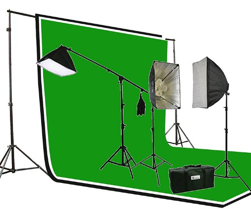 ePhoto 2700 Watt Photography Studio Video Continuous Lighting SOFTBOX KIT 3PC 6 x 9 Muslin ChromaKey Green, Black, White Background Support Stand Kit H604SB-69BWG