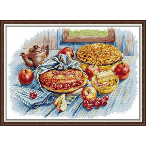 Image of JOYSEWING Bread Kitchen Printed Pattern Printed Cross Stitch kit Stamped Kits Counted Embroidery for Beginners DIY Needlepoint Craft Kits, Gift Home Decor (Apple Cherry Pie(14CT) 21.26 x15.75 inch)