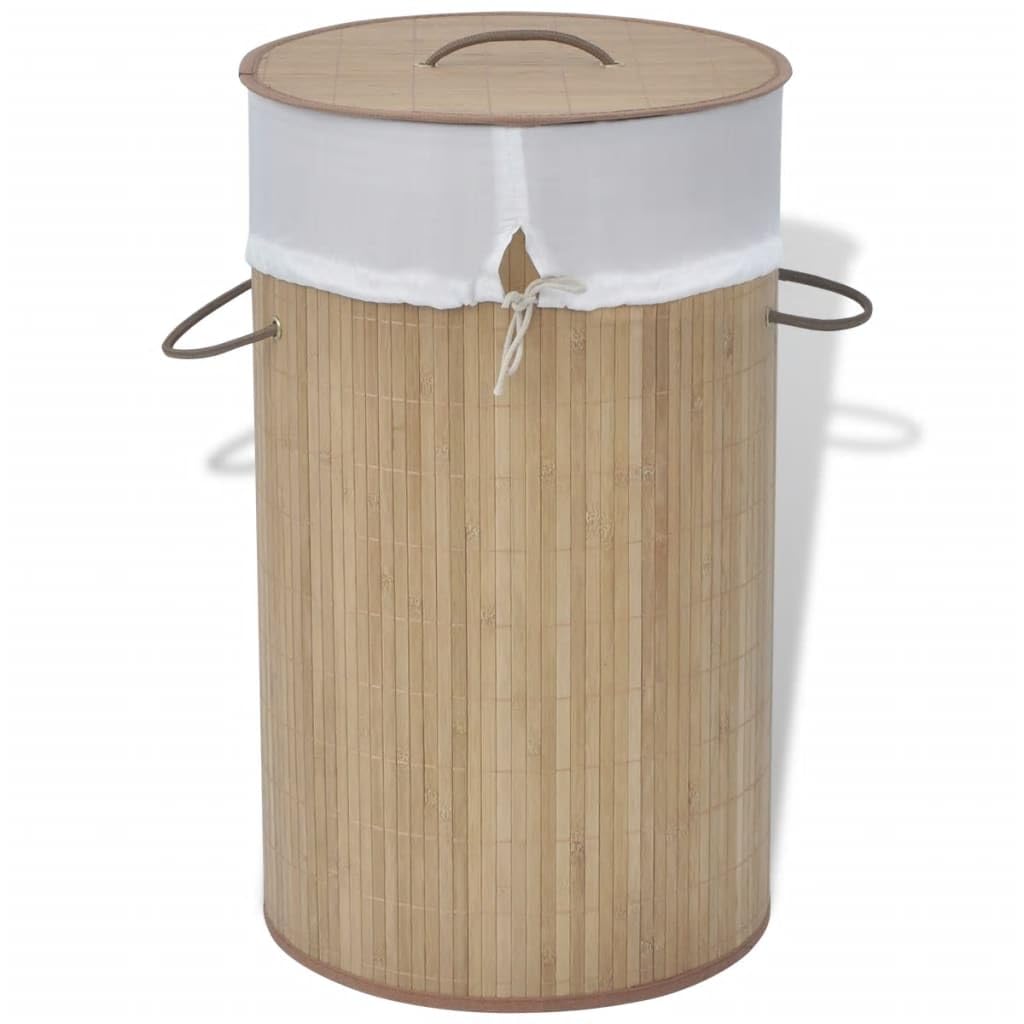 Cesto portabiancheria rotondo in bambù naturale, con sacchetto in poliestere rimovibile, 35 x 60 cm, leggero, con manici, per bagno, camera da letto, lavanderia