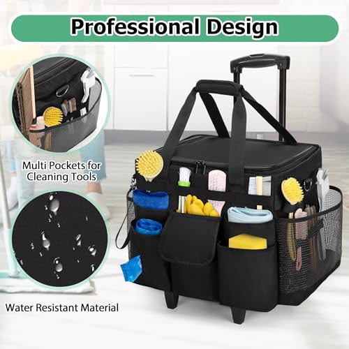 Image of LoDrid Rolling Cleaning Caddy with Lid and Detachable Trolley, Black | Cleaning Supplies Organizer, Cleaning Caddy Cart on Wheels with Handle and Shoulder Strap for Housekeepers