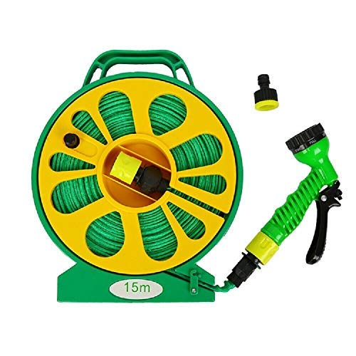 wowsubli50FT Flat Hose Pipe & Reel with 7 Modes Spray Nozzle Gun Outdoor Plants Watering (Green+Yellow)