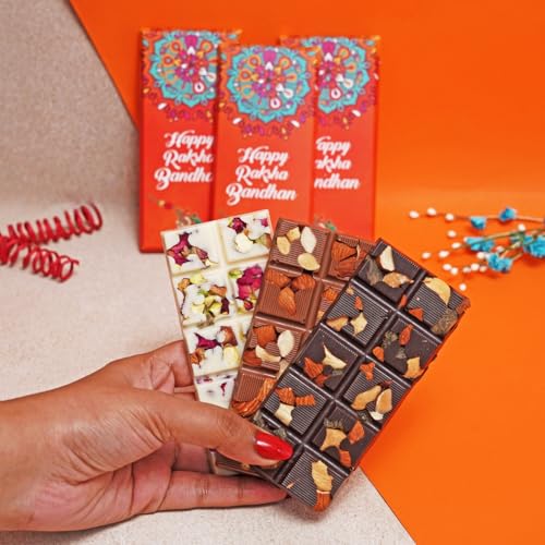 Image of Velvet Fine Chocolates Rakhi Themed Bars | Assorted Chocolate Flavors & Evil Eye Rakhi | Handcrafted Delights | Pack of 1