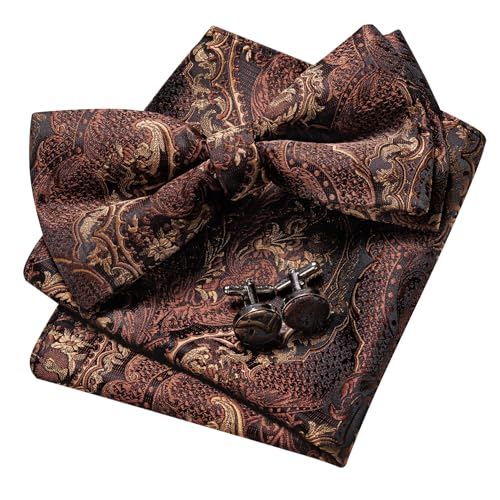 Image of Barry.Wang Paisley Striped Bow Tie for Men Silk Pre-Tied Bowtie Pocket Square Cufflinks Set Formal Wedding Party Prom