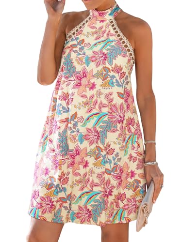 Image of CUPSHE Women Lace Trim Summer Dress Halter High Neck with Tie Backless A Line Lining Casual Sundress Holiday Mini Dress