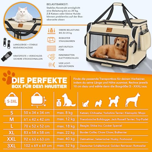 TRESKO® Hundebox faltbar inkl. Leckmatte, Spatel & Reflektoren M 61x42x42cm | Transportbox für Hunde und Katzen | Hundetransportbox Auto für kleine & große Hunde | Hundetasche robust Beige