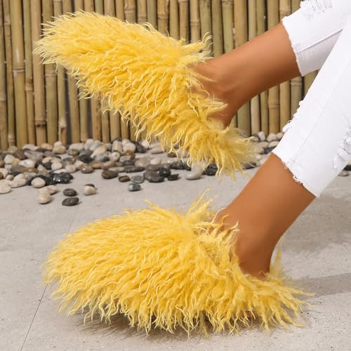 Image of Unisex Fuzzy Faux Fur Slippers, Women's Fluffy Long Hair Sheep Faux Fur Slip on Slides, Girls Luxury Big Fluffy Outdoor Flat Slippers, Long Curly Hair Non-Slip Warm Home Slide Shoes