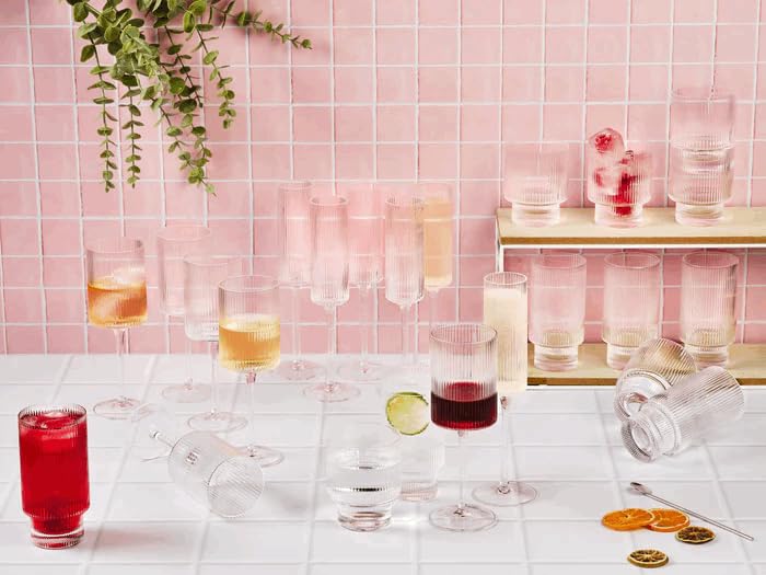 Bjorn Set de verres complet LINJE 24 pièces en cristallin sans plomb – Service de verres pour eau, jus, vin et champagne – Gobelets bas et hauts, verres à pied et flûtes design strié moderne